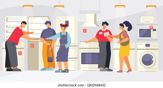 Large home appliance store flat composition with hypermarket hall view with fridges washing machines and people vector illustration