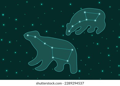 Un gran cartel horizontal con la constelación del gran y pequeño Dipper. El afiche de la estrella. Cartel astronómico. Silueta de osos en el cielo. Ilustración vectorial con Bucket. 