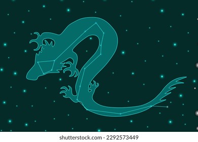 Un gran banner horizontal con la constelación Draco. Dragón en el cielo estrellado. Afiche astronómico. Ilustración vectorial. 