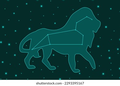 Un gran banner horizontal con la constelación Leo. Leo en el cielo estrellado. Afiche astronómico. Ilustración vectorial. Signo zodiaco. Constelación zoíaca de León.