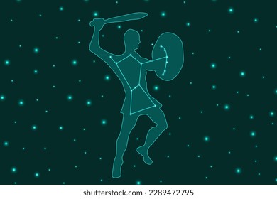 A large horizontal banner with Constellation of Orion. Orion's belt in the starry sky. Astronomical poster. The silhouette of a Greek demigod. Vector illustration. Astrology background. 