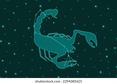 A large horizontal banner with the constellation Scorpio. Scorpion in the starry sky. Astronomical poster. Vector illustration. Zodiac sign. Zodiac constellation.