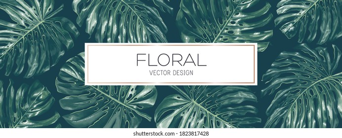 Banner horizontal grande en colores oscuros con hojas de palma vectoriales tropicales reales de monstera. Plantilla para portadas de medios sociales, blogs personales, posts, diseños de etiquetas, afiches y banners para tiendas.