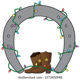 A large horseshoe is decorated with Christmas lights and arching over a pair of cowboy boots