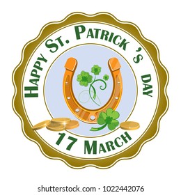 A large horseshoe for good luck and gold coin cartoon. Two leaf clover. Happy St. Patrick s day inscription. Isolated on white background. Vector illustration