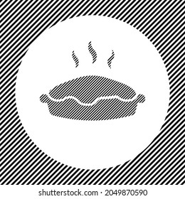 A large hot pie symbol in the center as a hatch of black lines on a white circle. Interlaced effect. Seamless pattern with striped black and white diagonal slanted lines