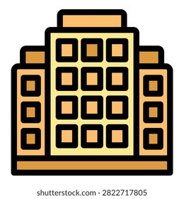 Large hotel building facade is showing many windows in this simple colorful icon illustration