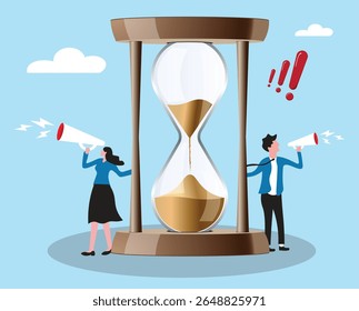 A large hourglass with golden sand sits at the center. A woman on the left and a man on the right,