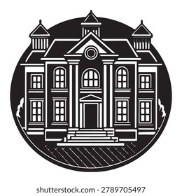 A large house with a circular design and a black and white color scheme illustration of a building with a circular background