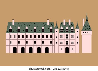 large house fortress with arches and a tower