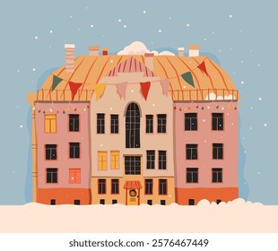 A large house or hotel against the backdrop of a winter landscape and snow, the house is decorated with a Christmas garland