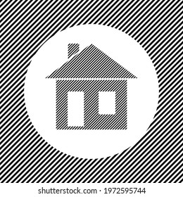 A large house symbol in the center as a hatch of black lines on a white circle. Interlaced effect. Seamless pattern with striped black and white diagonal slanted lines