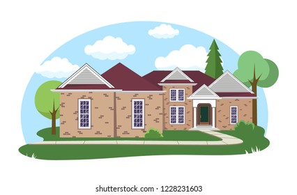 Large house villa in flat style House exterior with blue clouded sky Front Home Architecture Concept Flat Design Style. Vector illustration of Facade Building.