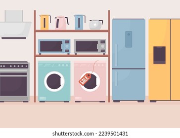 Large household appliances flat color vector illustration. Kitchen equipment assortment. Fully editable 2D simple cartoon interior with electrical store on background. Bebas Neue font used