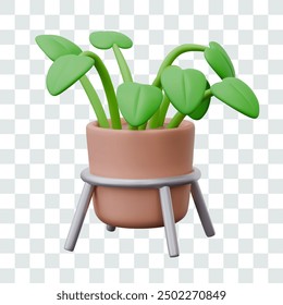 Large houseplant in clay pot with stand. Green leafy plant for interior