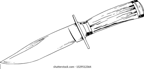 a large hunting knife with a handle, a weapon for combat, drawn in ink by hand