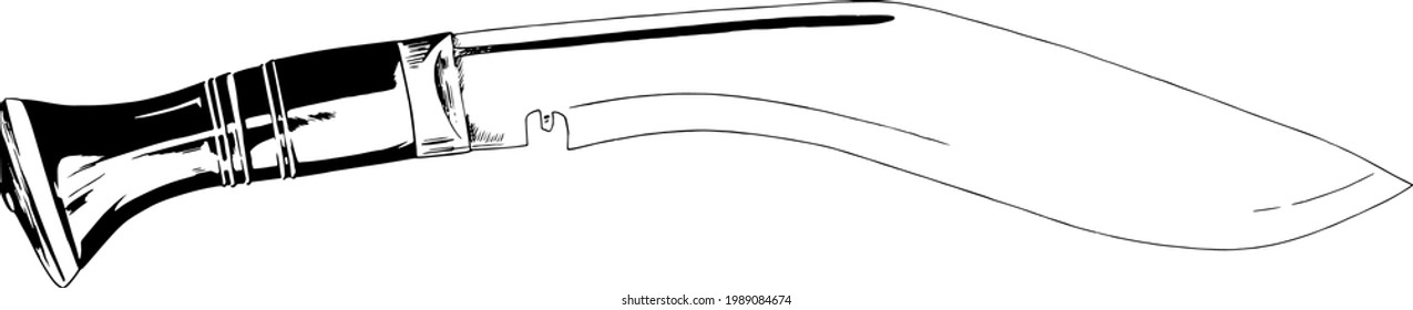 un gran cuchillo de caza con mango, un arma de combate, dibujado con tinta a mano