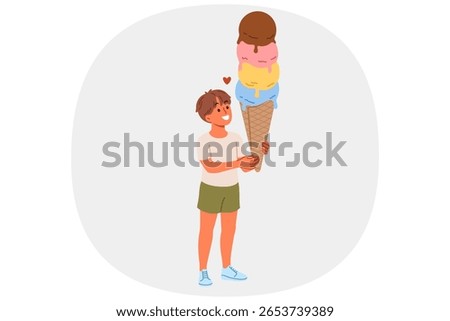 Large ice cream in hands of child lovingly looking at sweet dessert, allowing to cool down on hot summer day. Fruit ice cream in waffle cone made from organic syrups and fresh milk.