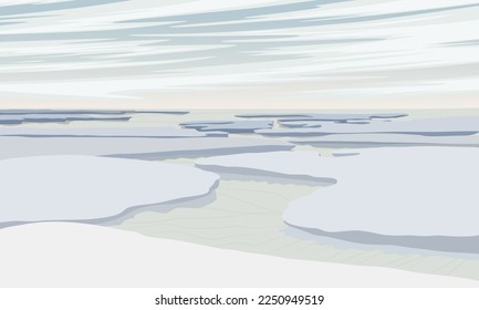 Large ice floes on the surface of a lake, river, sea or ocean. Nature in winter. North and Arctic Circle. Realistic vector landscape