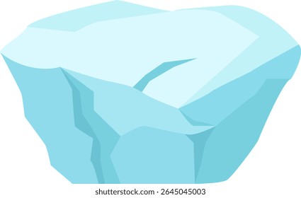 Large iceberg floating in arctic waters, featuring a prominent crack on its surface, symbolizes the pressing issues of global warming and climate change in a low poly illustration style