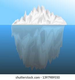 Large iceberg with sharp ice tops. Vector image of a floating ice floe with a large underwater part. For design with elements of the polar landscape.