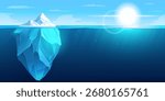 Large iceberg with visible underwater part, flat cartoon style, on ocean background, concept of hidden depth and unseen danger. Vector illustration