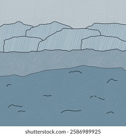 Large icebergs float in a cold ocean, with frozen ground stretching along the shore. Everything is covered in snow and ice. Vector hand drawn polar textured cartoon illustration in Antarctica. 