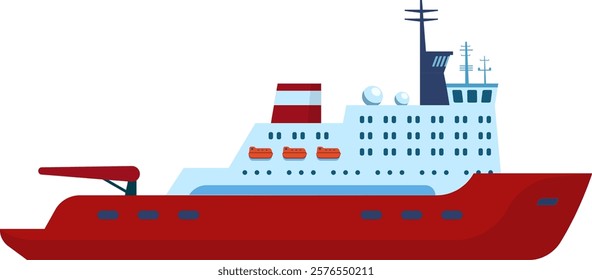 Large icebreaker ship navigating through the Arctic Ocean, breaking ice floes with cranes and lifeboats, designed for exploration and research in extreme conditions