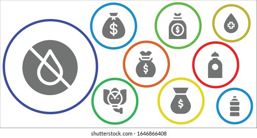 large icon set. 9 filled large icons.  Simple modern icons such as: Water, Money bag, Elephant