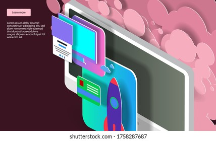 Large icons of the computer rocket and Bank card on the office computer screen against a background of pink clouds. Vector banner