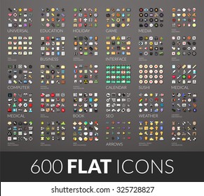 Large icons set, 600 vector pictogram of flat colored with shadows isolated on gray background