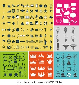 large icons set universal with arrows, bulbs, speech bubbles, marine and crowns vector set