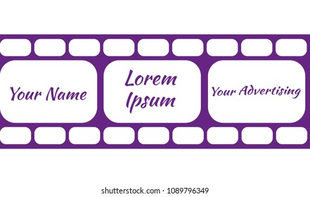 Large illustration of film for photos and movies. Film strip with frames in violet. Template frame for poster design, advertising.