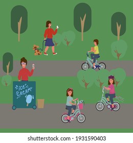 Large illustration of People in the park. Illustration of children in the park on bicycles. A man with a dog on a walk. A woman sells ice cream. Beautiful vector clip art of walking in the park