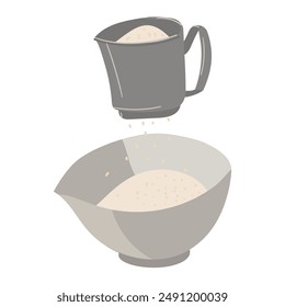 Large image of a plate or bowl filled with finely sifted flour, with a metal sieve located on top. An isolated illustration of the cooking flour preparation process. Flat illustration for the kitchen