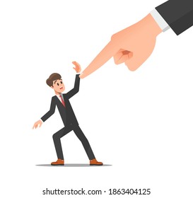 Large index finger points towards a male employee