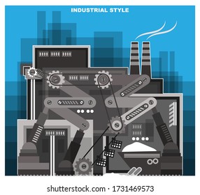 Un gran complejo industrial con una línea de producción y edificios industriales en segundo plano. La imagen estilizada en un estilo industrial. Ilustración del vector