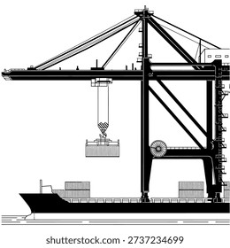 Large industrial crane loading shipping containers on a cargo ship in a detailed technical drawing