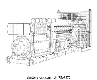 Large industrial diesel generator. Generator, diesel engine and cooling radiator. Vector rendering of 3d. Wire-frame style