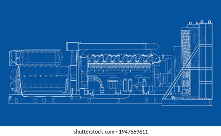 Large industrial diesel generator. Generator, diesel engine and cooling radiator. Vector rendering of 3d. Wire-frame style