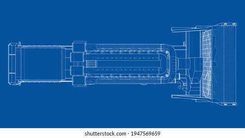 Grosser Industriegasellgenerator. Generator, Dieselmotor und Kühler. Vektorgrafik von 3d. Wire-Frame-Stil