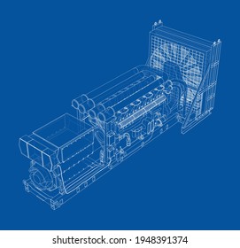 Grosser Industriegasellgenerator. Generator, Dieselmotor und Kühler. Vektorgrafik von 3d. Wire-Frame-Stil