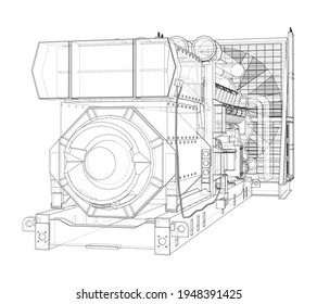 Large industrial diesel generator. Generator, diesel engine and cooling radiator. Vector rendering of 3d. Wire-frame style