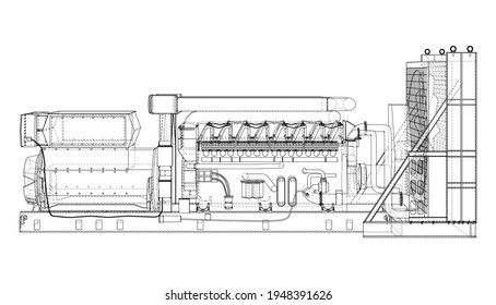 Large industrial diesel generator. Generator, diesel engine and cooling radiator. Vector rendering of 3d. Wire-frame style