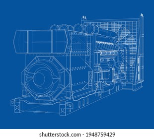 Large industrial diesel generator. Generator, diesel engine and cooling radiator. Vector rendering of 3d. Wire-frame style