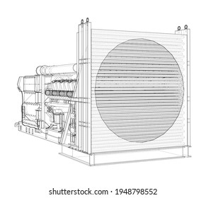 Grosser Industriegasellgenerator. Generator, Dieselmotor und Kühler. Vektorgrafik von 3d. Wire-Frame-Stil