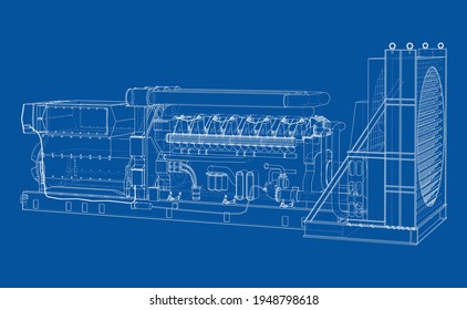 Large Industrial Diesel Generator. Generator, Diesel Engine And Cooling Radiator. Vector Rendering Of 3d. Wire-frame Style