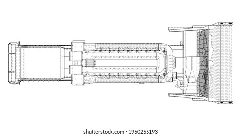 Grosser Industriegasellgenerator. Generator, Dieselmotor und Kühler. Vektorgrafik von 3d. Wire-Frame-Stil