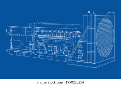 Large industrial diesel generator. Generator, diesel engine and cooling radiator. Vector rendering of 3d. Wire-frame style