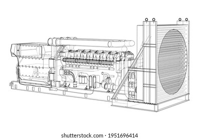 Gran generador de diesel industrial. Generador, motor diésel y radiador de refrigeración. Representación vectorial de 3d. Estilo de trama